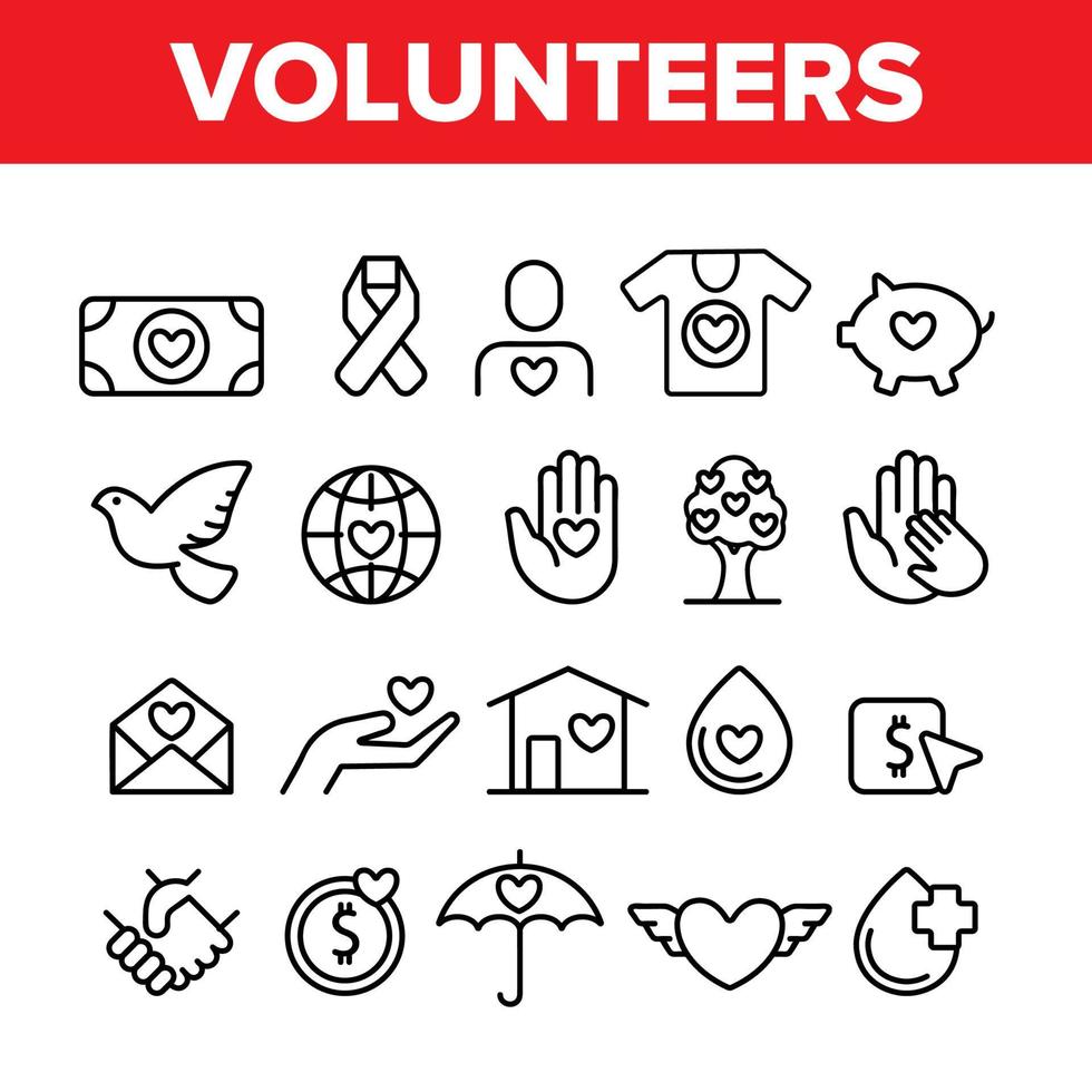 volontärer, välgörenhet vektor tunn linje ikoner set