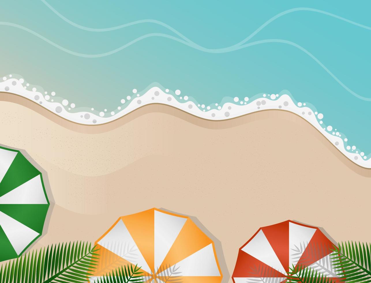 vacker och bekväm strandutsikt på sommaren med parasoll och träd som gör skuggan vektor