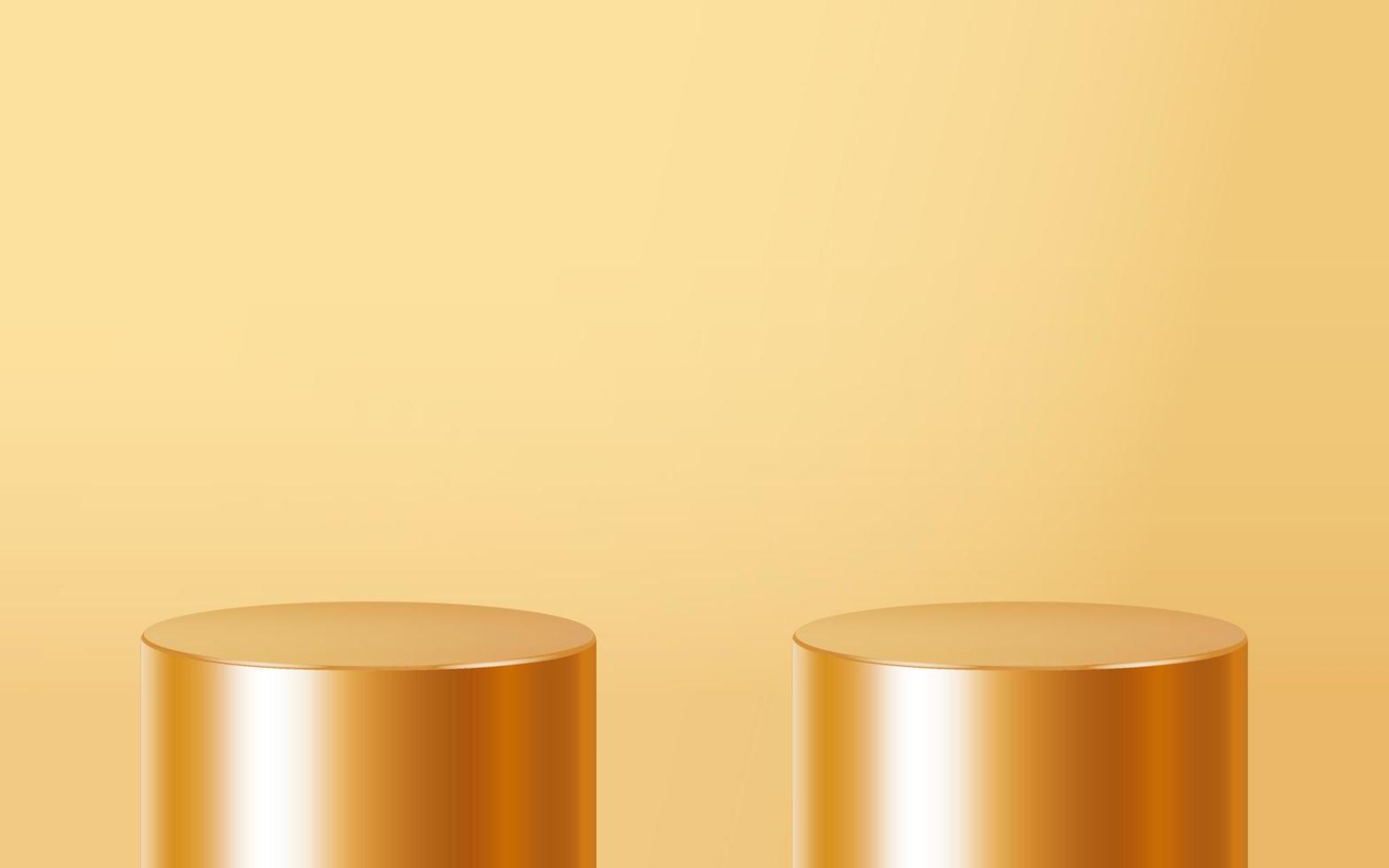 realistiska två gyllene tom produkt steg podium scen isolerad på guld bakgrund. geometrisk metallisk rund form för produktmärkning. guld cylinder mock up scen. 3D vektor illustration bakgrund