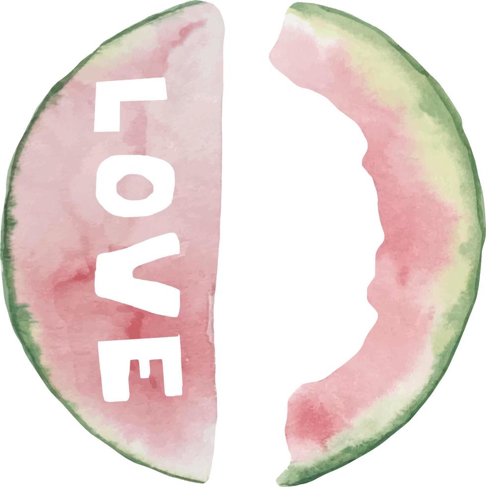 Aquarellillustration von Wassermelone, halbe Wassermelone, ein Stück Wassermelone, eine Scheibe Wassermelone. Wassermelonenliebe und -herzen vektor