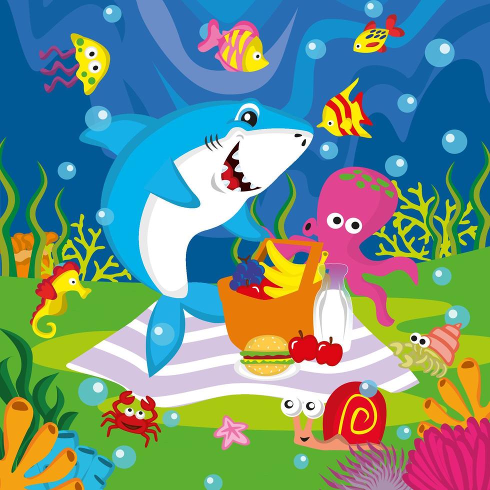 Illustration eines Hais bei einem Picknick mit Freunden, geeignet für Kindergeschichtenbücher, Poster, Websites, mobile Anwendungen, Spiele, T-Shirts und mehr vektor