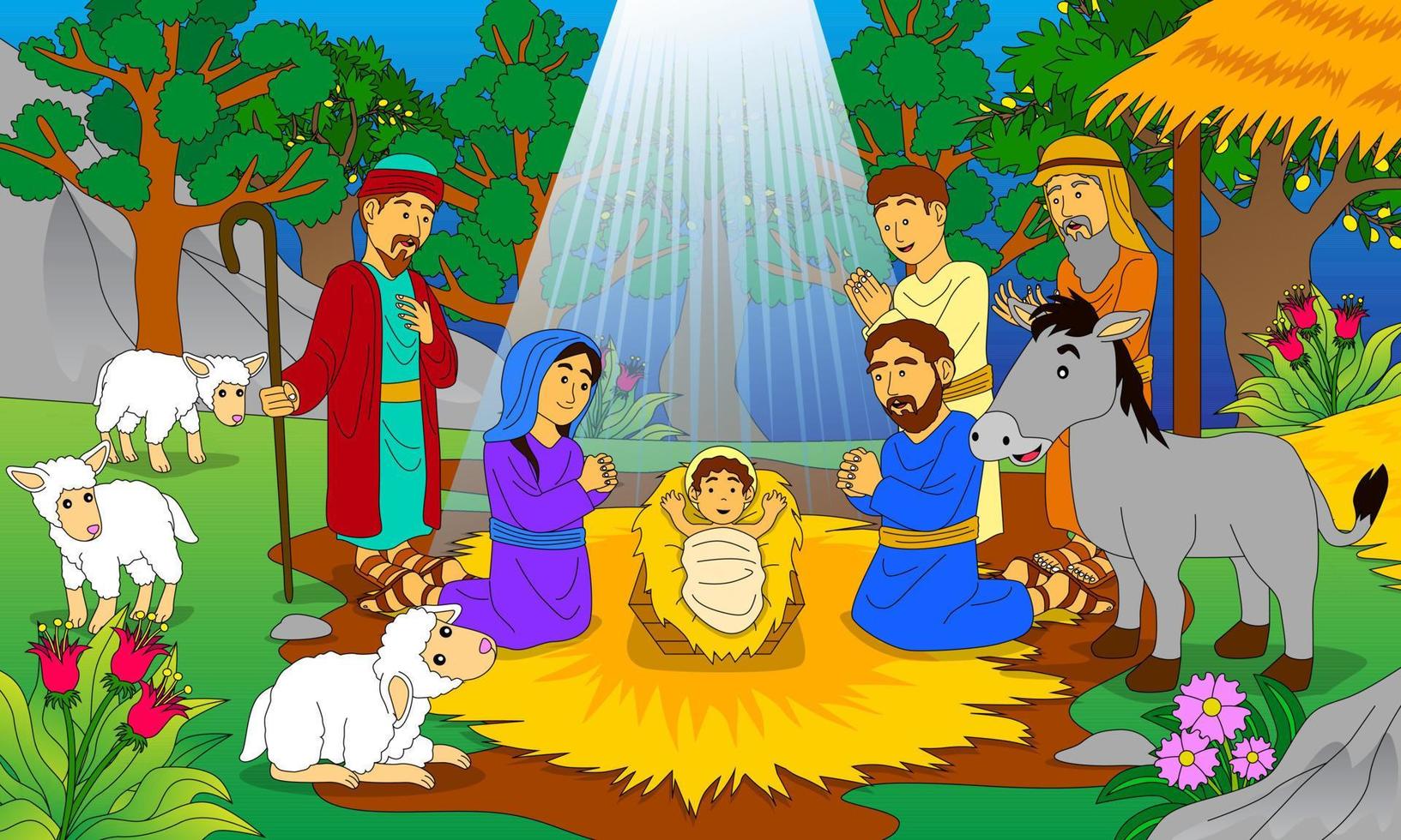 Illustration der Geburt Jesu, gut für Kinderbibeln, christliche religiöse Bücher, Poster, Websites, Druck und andere vektor