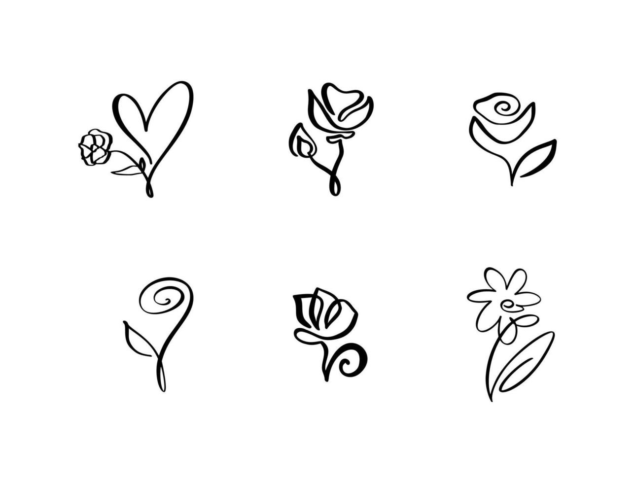 satz von fortlaufenden linienkunstzeichnungsvektor kalligrafisches blumenlogo. schwarze Skizzenikone der Pflanzen lokalisiert auf weißem Hintergrund. minimalistische Drucke mit einzeiliger Illustration vektor