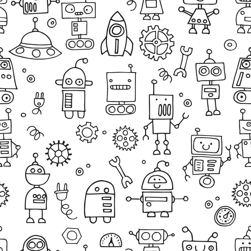 Vektor nahtlose Muster. Zeichnungen im Doodle-Stil. süße roboter, einfache illustration für kinder. Schwarz-Weiß-Roboter, Technologie der Zukunft