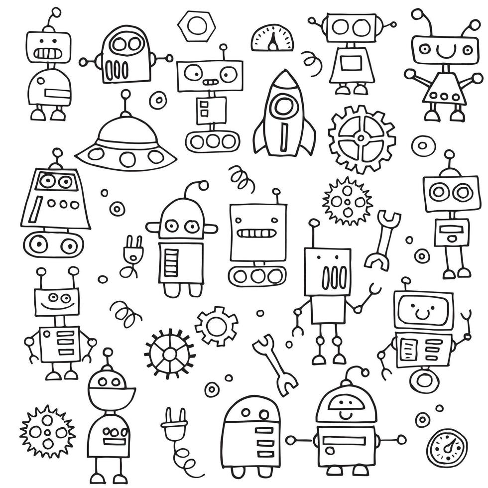 Vektor nahtlose Muster. Zeichnungen im Doodle-Stil. süße roboter, einfache illustration für kinder. Schwarz-Weiß-Roboter, Technologie der Zukunft