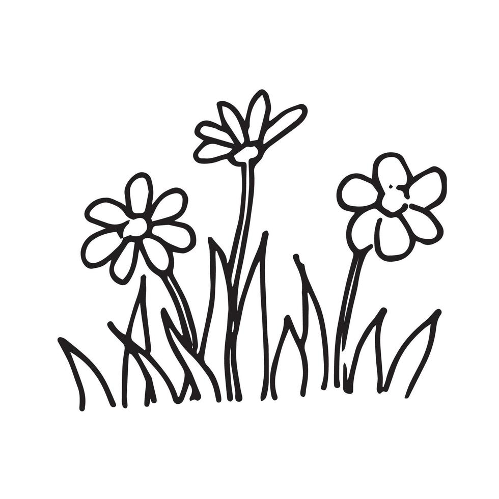 Stock Vektor Illustration Doodle-Stil blühende Wiese. Rasengras und Gänseblümchen. süße Blumenbeet-Ikone mit Blumen
