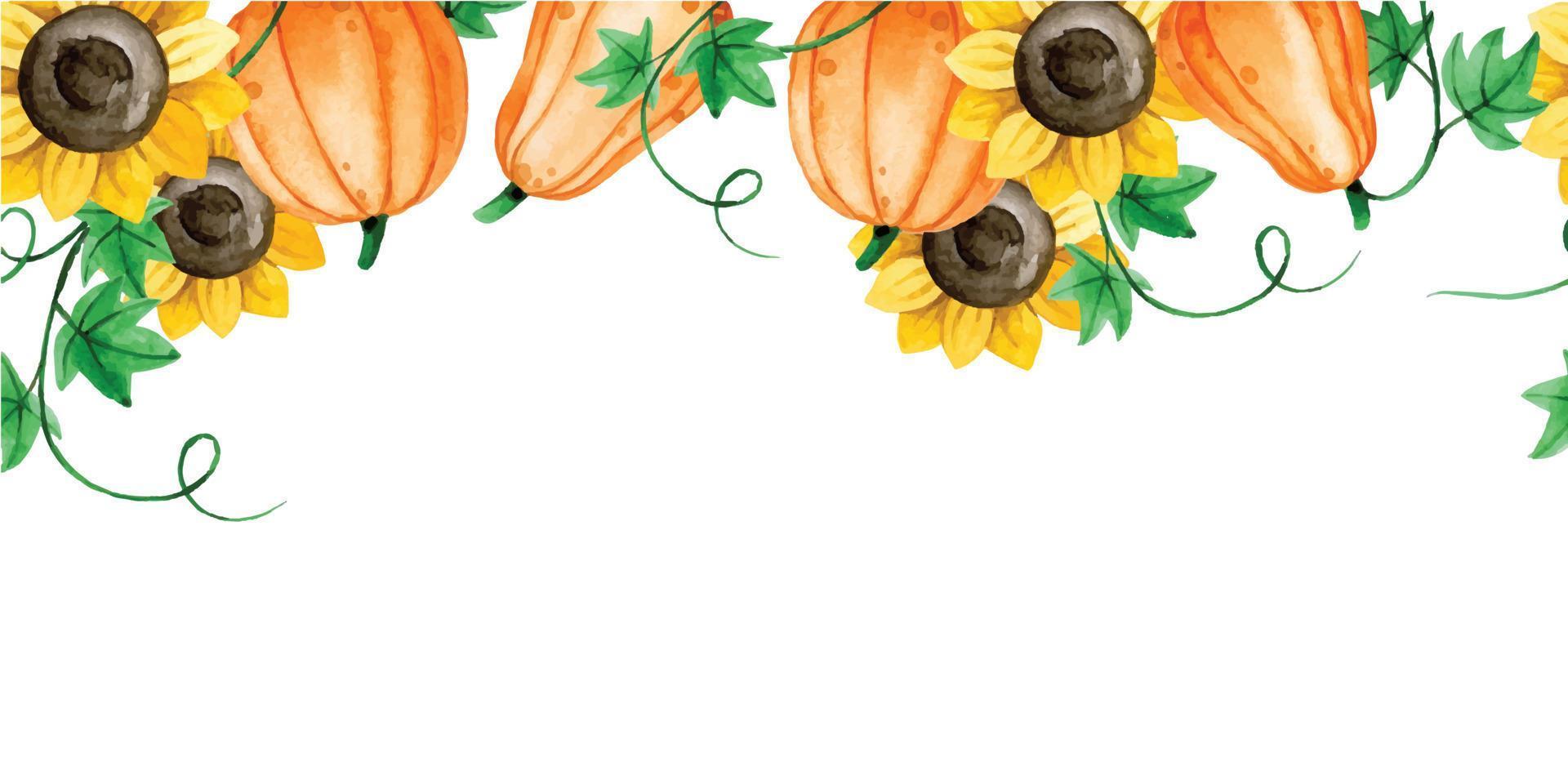 Aquarellzeichnung. Herbstkomposition, Blumenstrauß, nahtloser Rand, Rahmen mit Kürbissen und Sonnenblumen. Erntedankfest, Ernte, Halloween-Banner. vektor