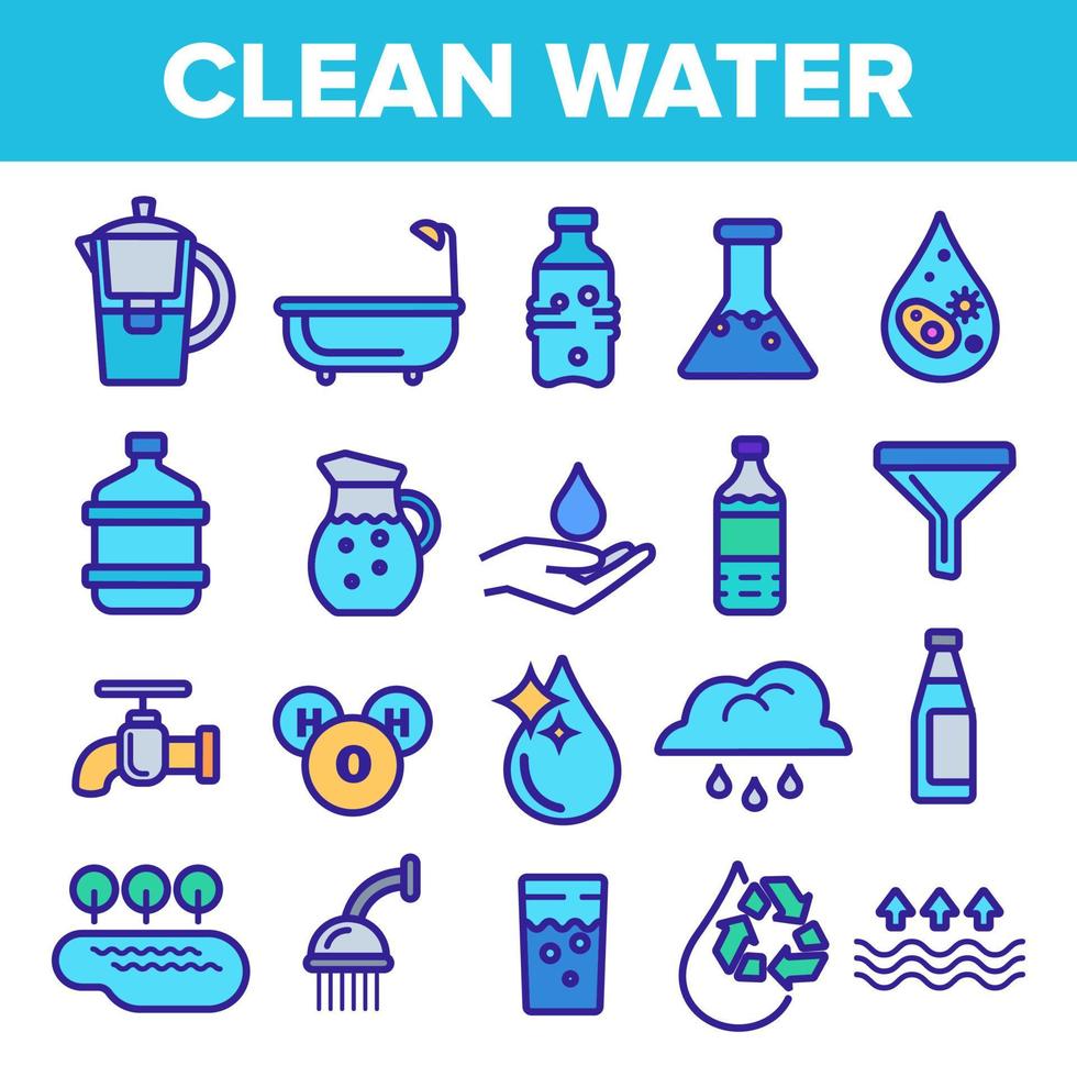 Symbolsatz Vektor für sauberes Wasser. Naturpflege. Lassen Sie frisches, sauberes Wasser fallen. Öko-Symbol trinken. dünne Umriss-Web-Illustration