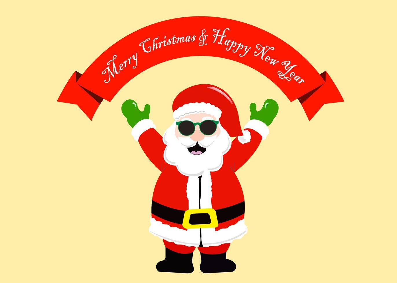 jultomten bär solglasögon stående leende söt med julhälsningskort banner rött band med meddelande god jul och gott nytt år. semester gratulationskort. vektor