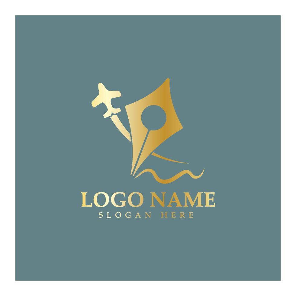 Reise-Blog-Logo von Flugzeug-Stift und Buchillustrations-Design-Vektorsymbol-Vorlage vektor