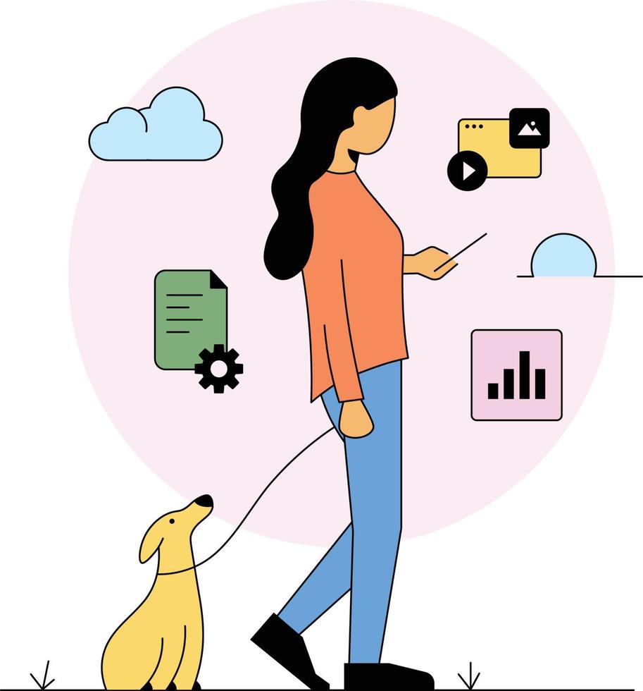 kvinna som går med hund och använder sociala medier vektor