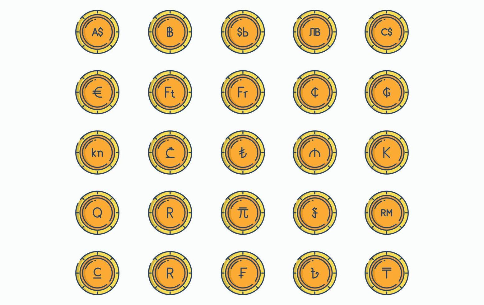 Vielzahl von Symbolen für Währungen und Münzen vektor