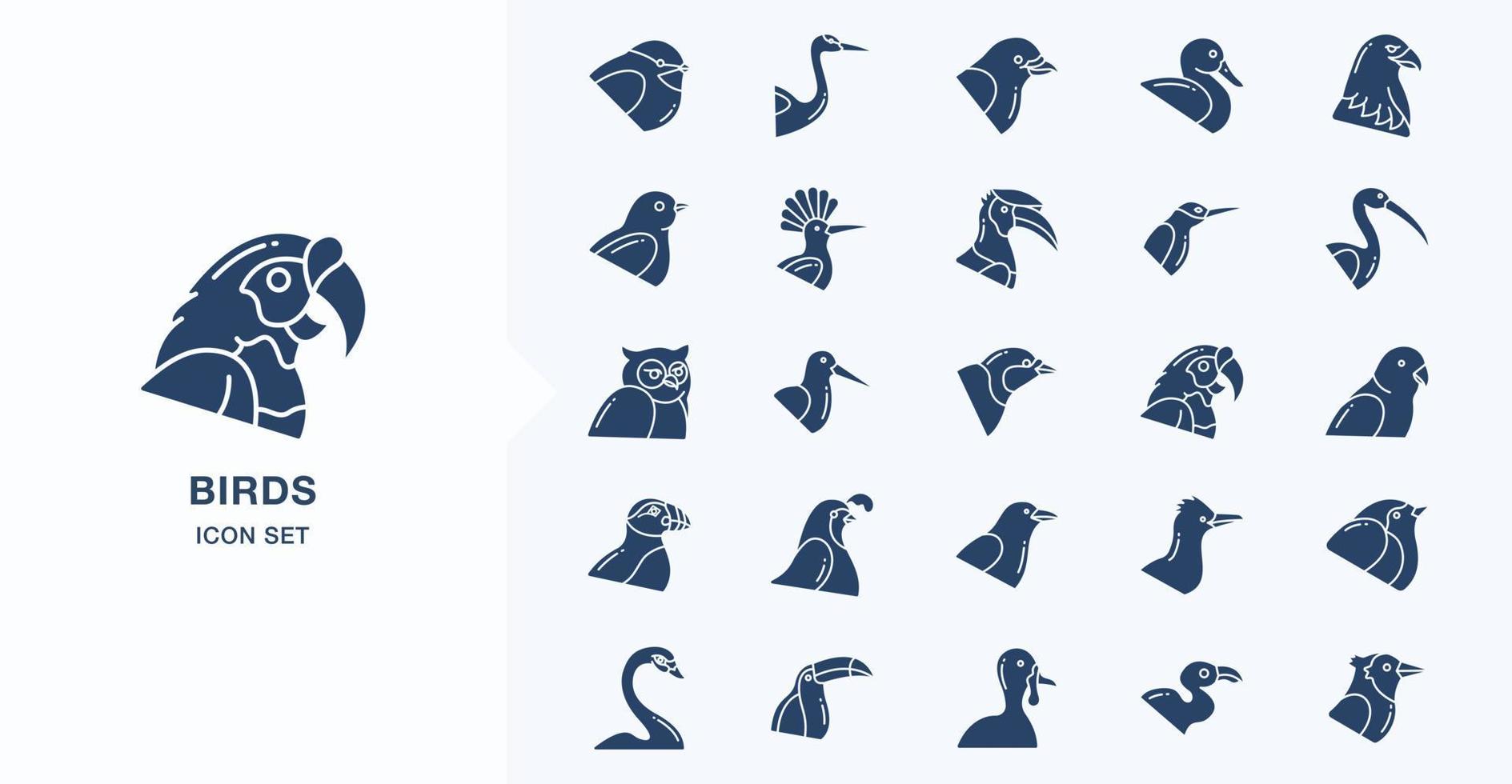 olika fåglar fast ikonuppsättning vektor