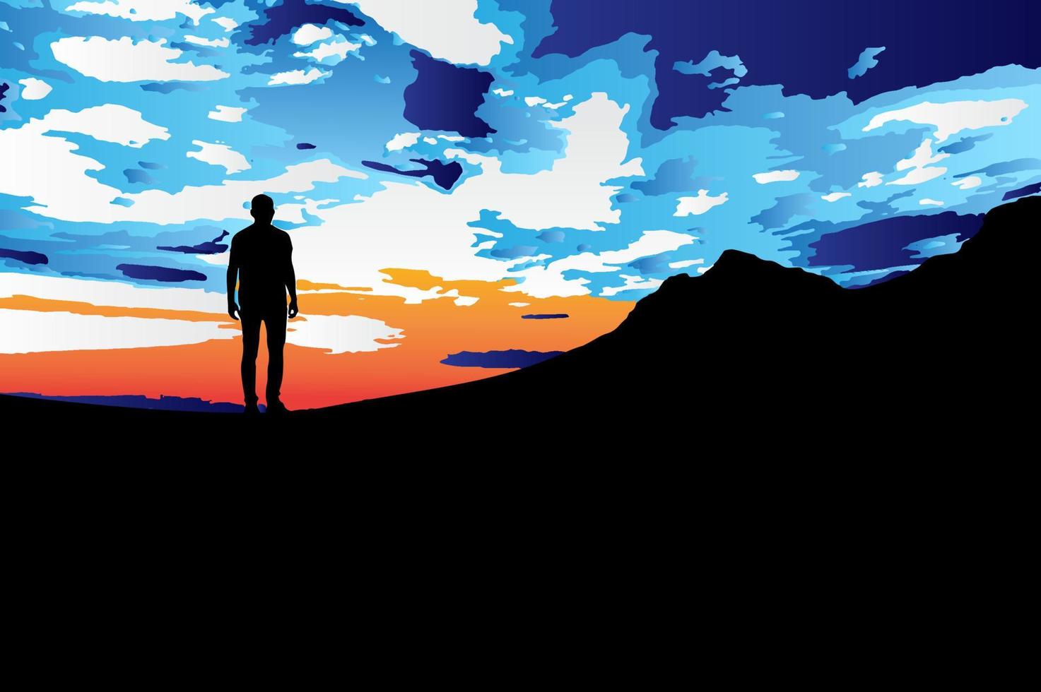 silhuett av mannen som står på berget med vacker himmel solnedgång landskap illustration vektor