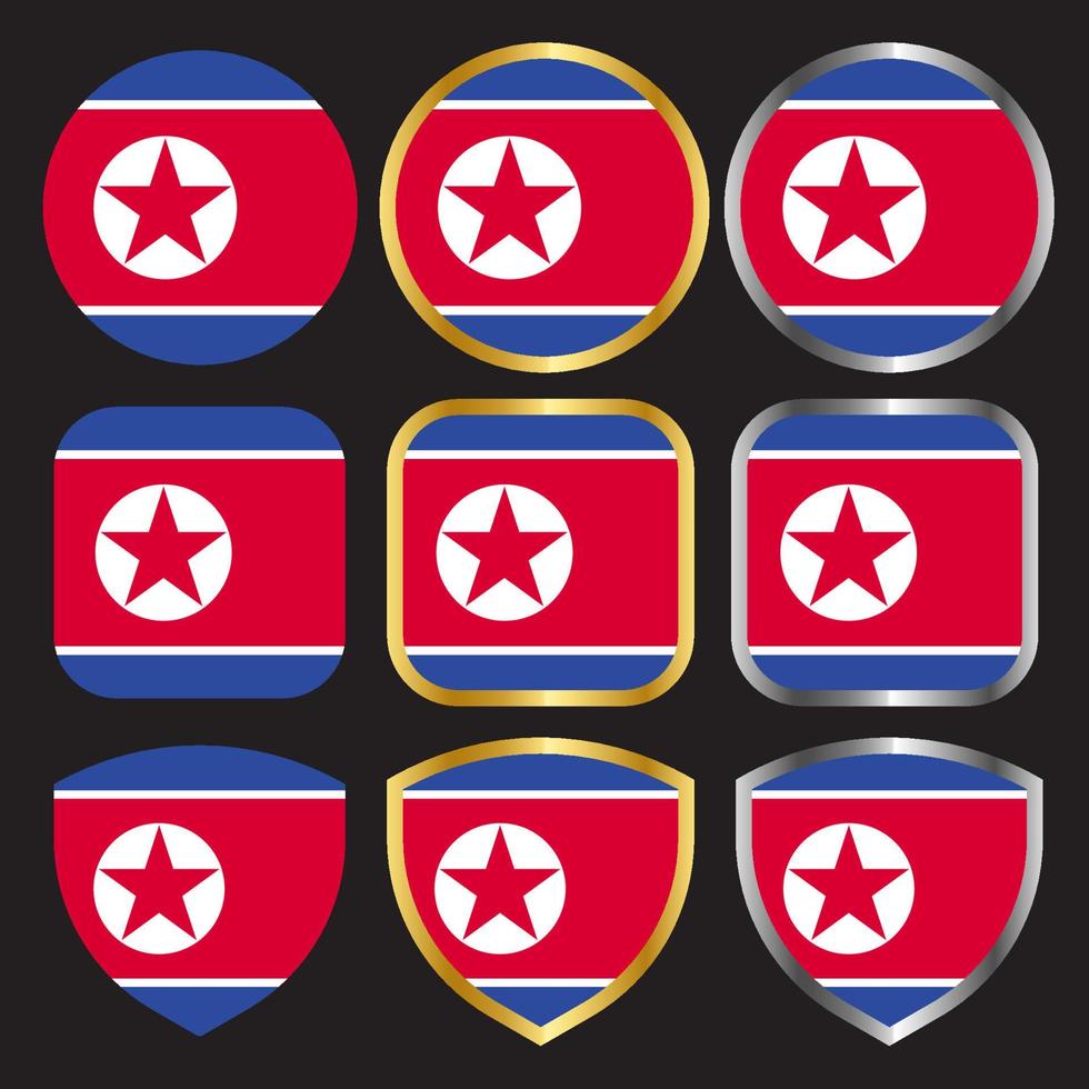 Nordkoreas flagga vektor ikonuppsättning med guld och silver kant