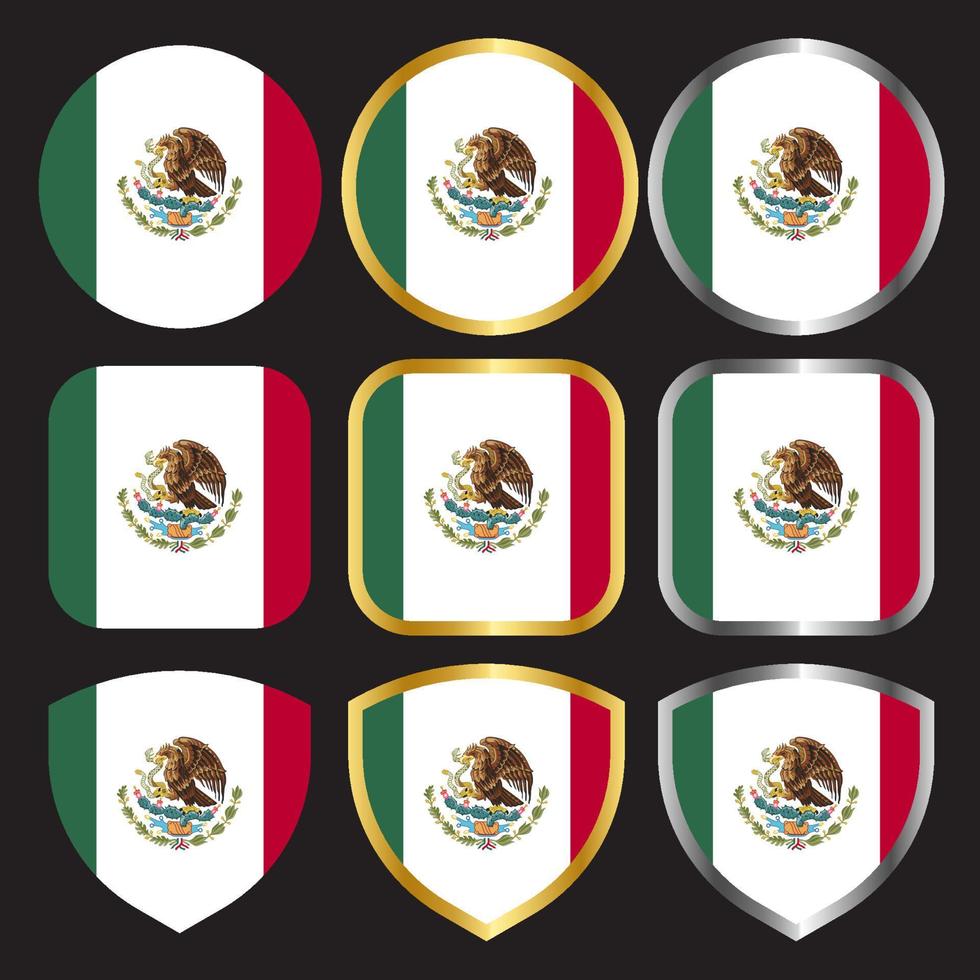 Mexiko flagga vektor ikonuppsättning med guld och silver kant