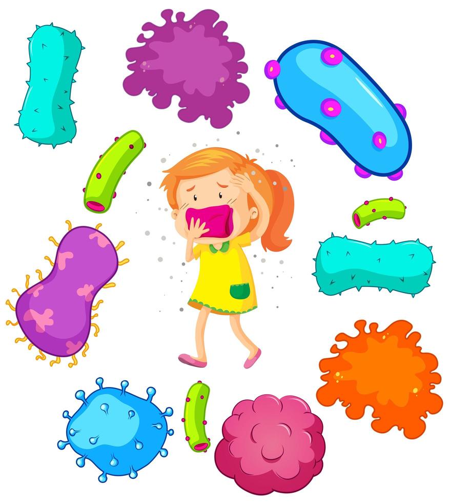 liten flicka och bakterier runt henne vektor