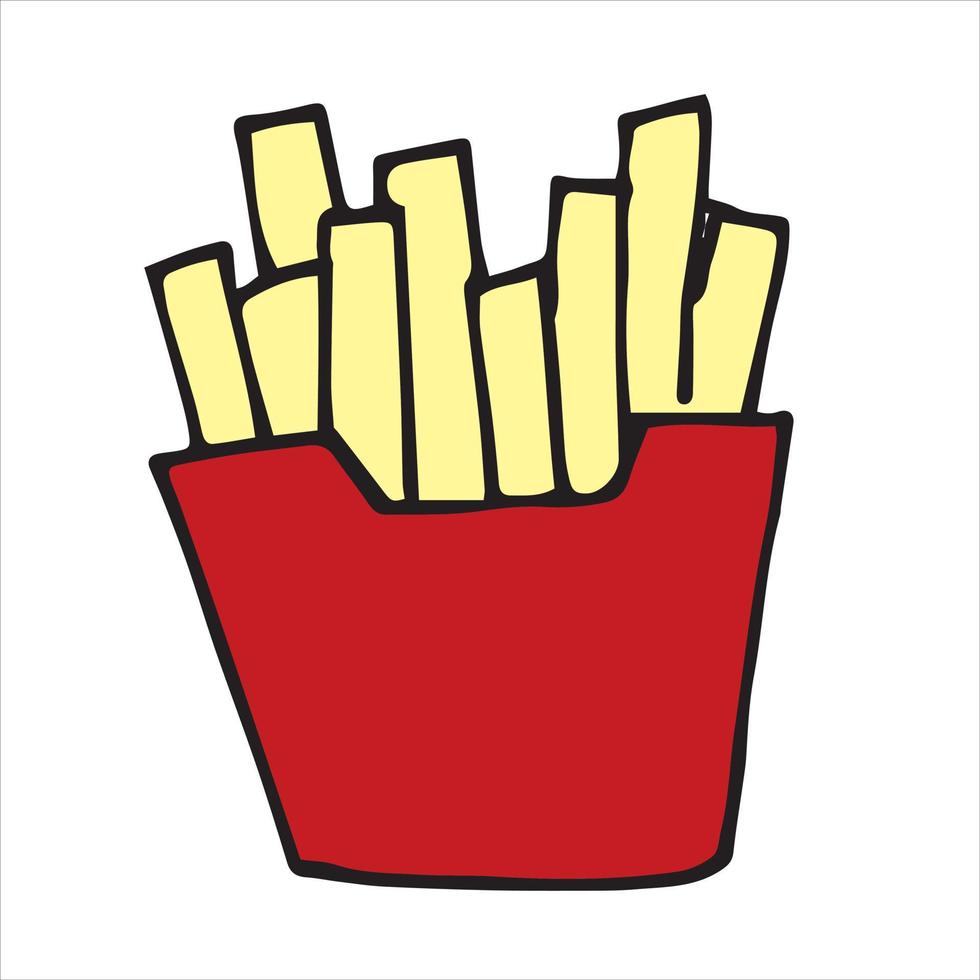 vektorillustration in der gekritzelart, karikatur. Pommes frittes. süße fast-food-ikone, pommes frites in roter tasche. Produkt-ClipArt vektor
