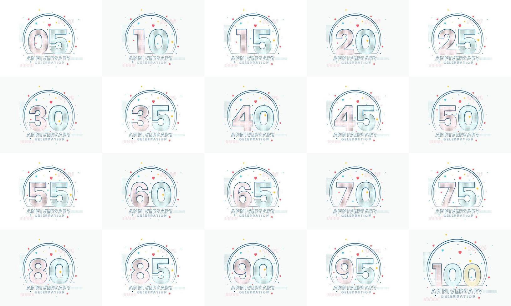 modernes Jubiläums-Logo-Set. Logopaket zum 5., 10., 15., 20., 25., 30., 35., 40., 45., 50., 55., 60., 65., 70., 75., 80., 85., 90., 95., 100. Jubiläum. vektor