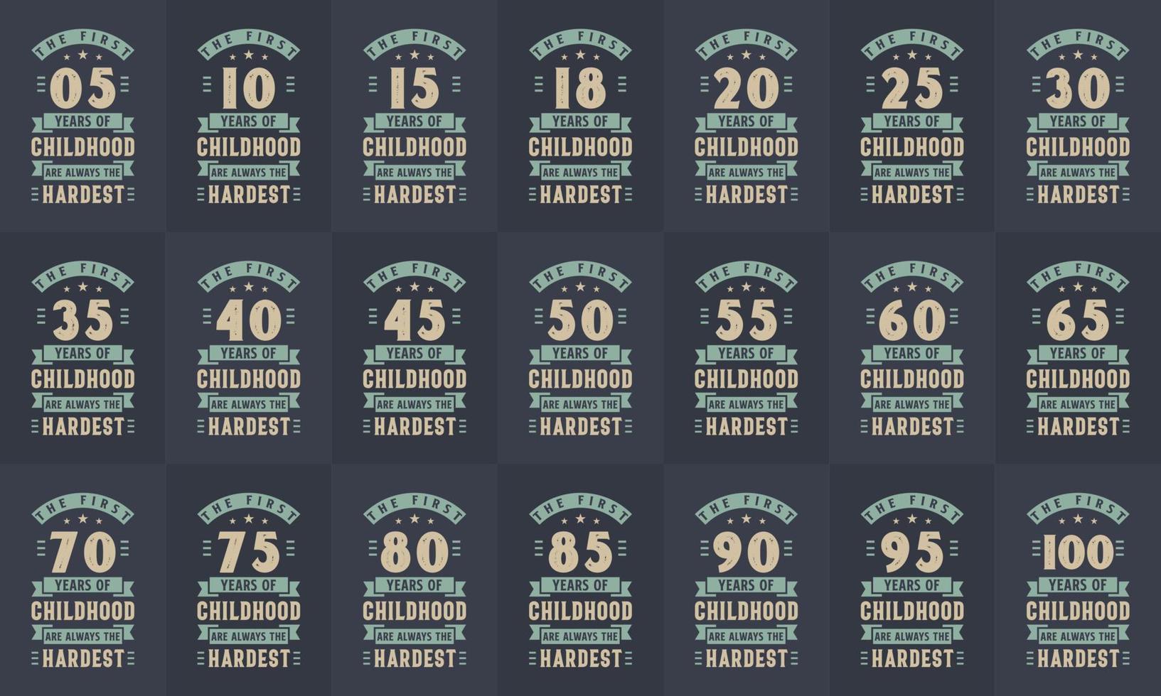födelsedagsdesignpaket. retro vintage födelsedag typografi bunt. de första 5, 10, 15, 10, 15, 20, 25, 30, 35, 40, 45, 50, 55, 60, 65, 70, 75, 80, 85, 90, 95, 100 år av barndom vektor