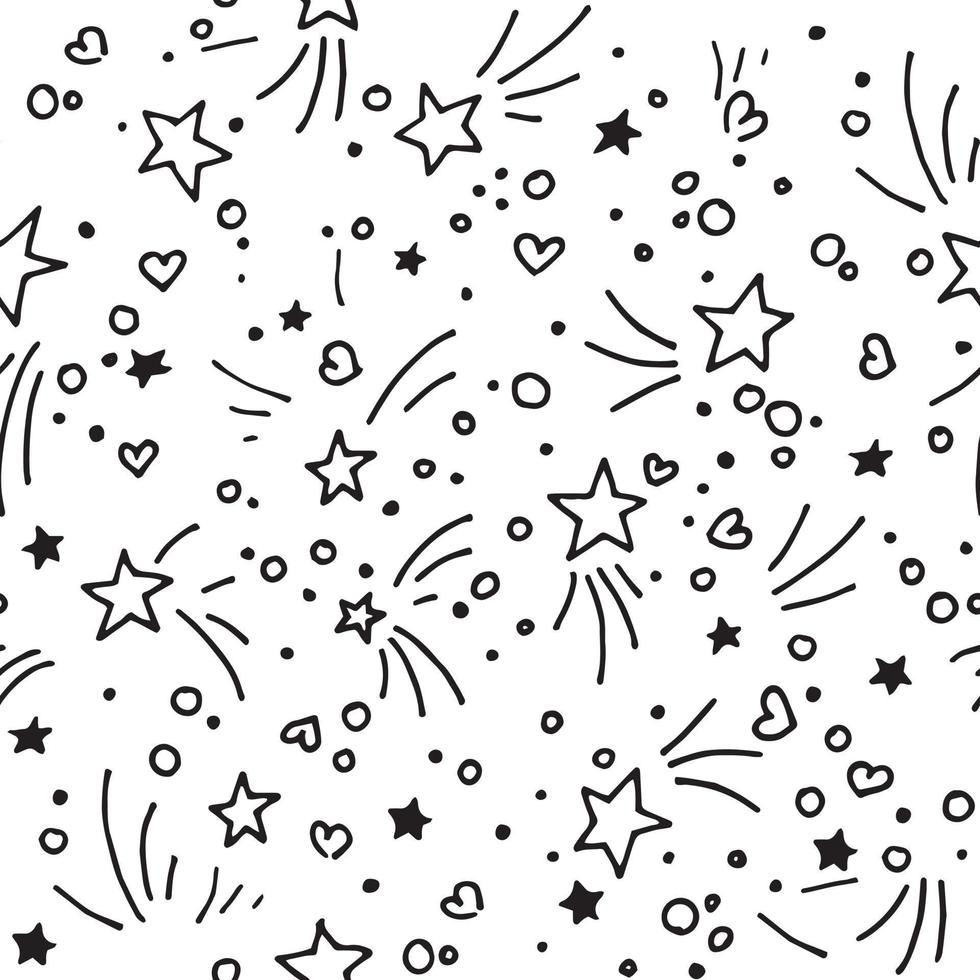 einfacher Vektor nahtloses Muster im Doodle-Stil. festlicher druck mit feuerwerk und grüßen. hintergrund für die feiertage, neujahrsweihnachten.