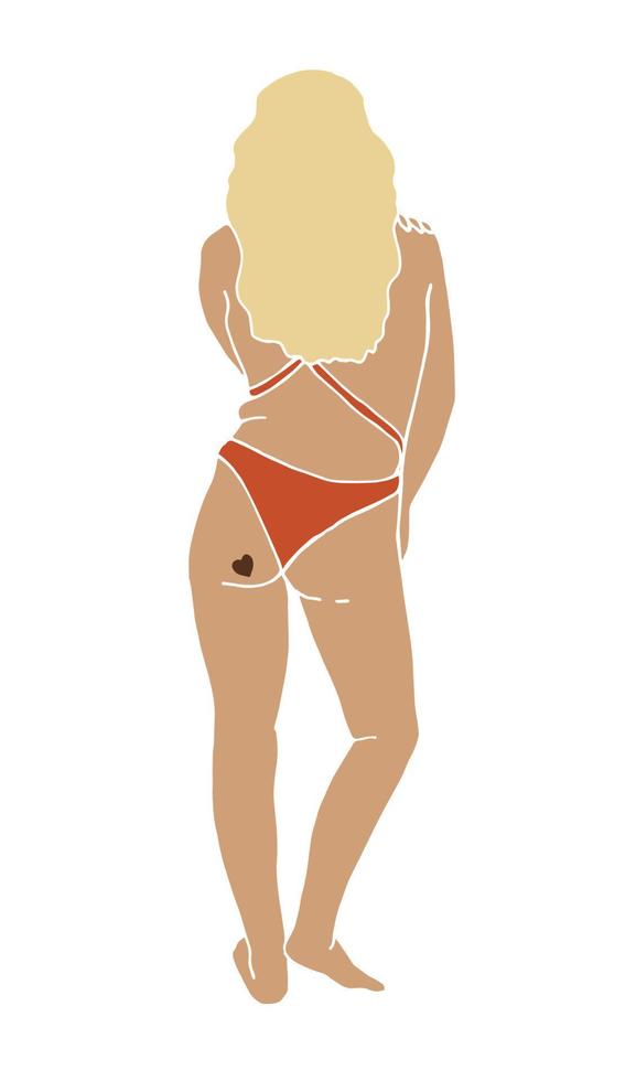 vektor illustration, siluett av inte en ung kvinna med en ofullkomlig kropp i en baddräkt från ryggen. tjock kvinna med en hjärtatatuering på rumpan. kroppspositiv, feminism. isolerad på vitt