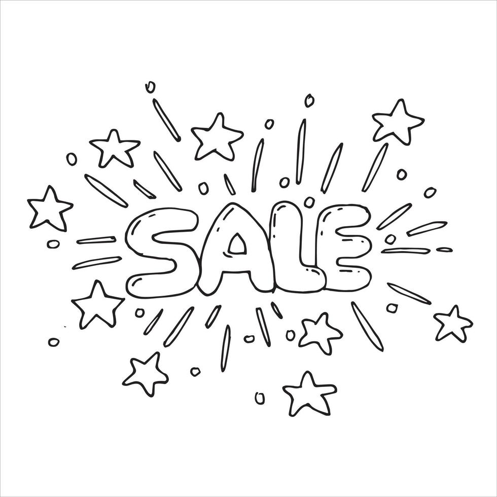 vektor illustration i doodle stil. fyrverkerier, saluter, kanfiti och stjärnor runt inskriptionsförsäljningen. ordförsäljning. enkel handritningslogotyp.