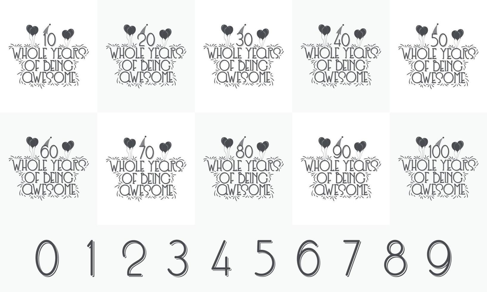 födelsedagsfirande bokstäver design bunt. 10, 20, 30, 40, 45, 50, 60, 70, 80, 90, 100 hela år av att vara fantastisk vektor