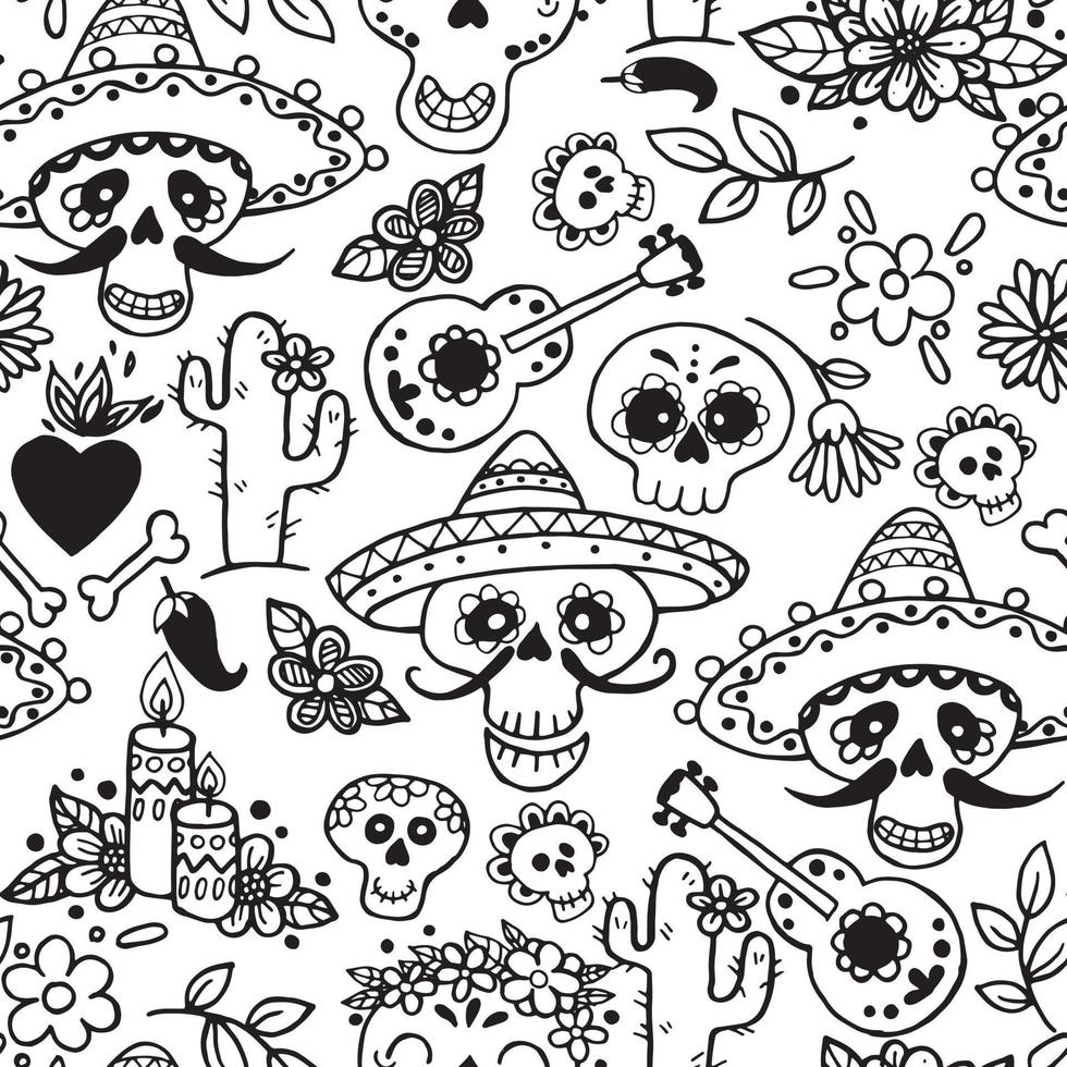 vektorritning i doodle stil. seamless day of the dead i Mexiko. glada målade dödskallar i en sombrero. el dia de muertos vektor