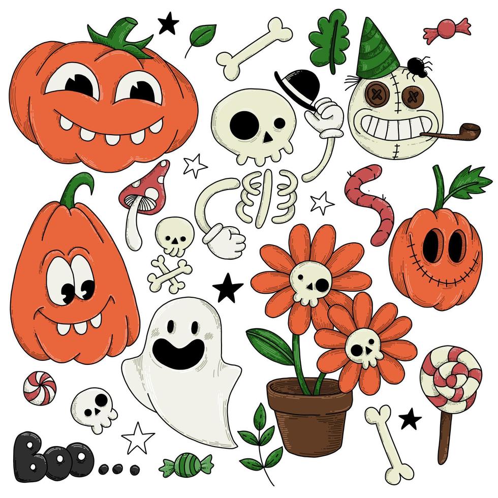 vektor ritning. uppsättning element för semestern av halloween i stil med tecknade 30-talet. söta halloween pumpor, spöke, skelett. retro