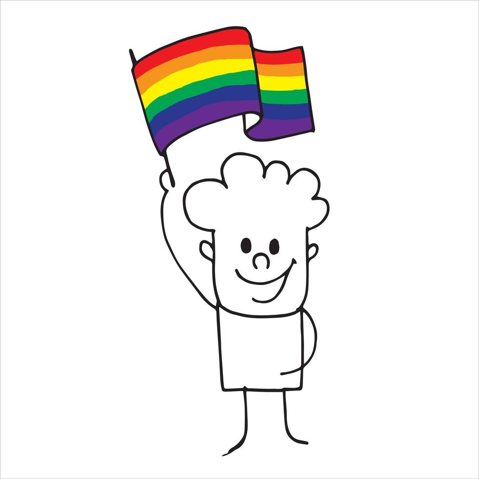 vektor illustration i doodle stil. söt karaktär man med hbt-flagga. rainbow hbt, en symbol för homosexualitet, lika rättigheter.