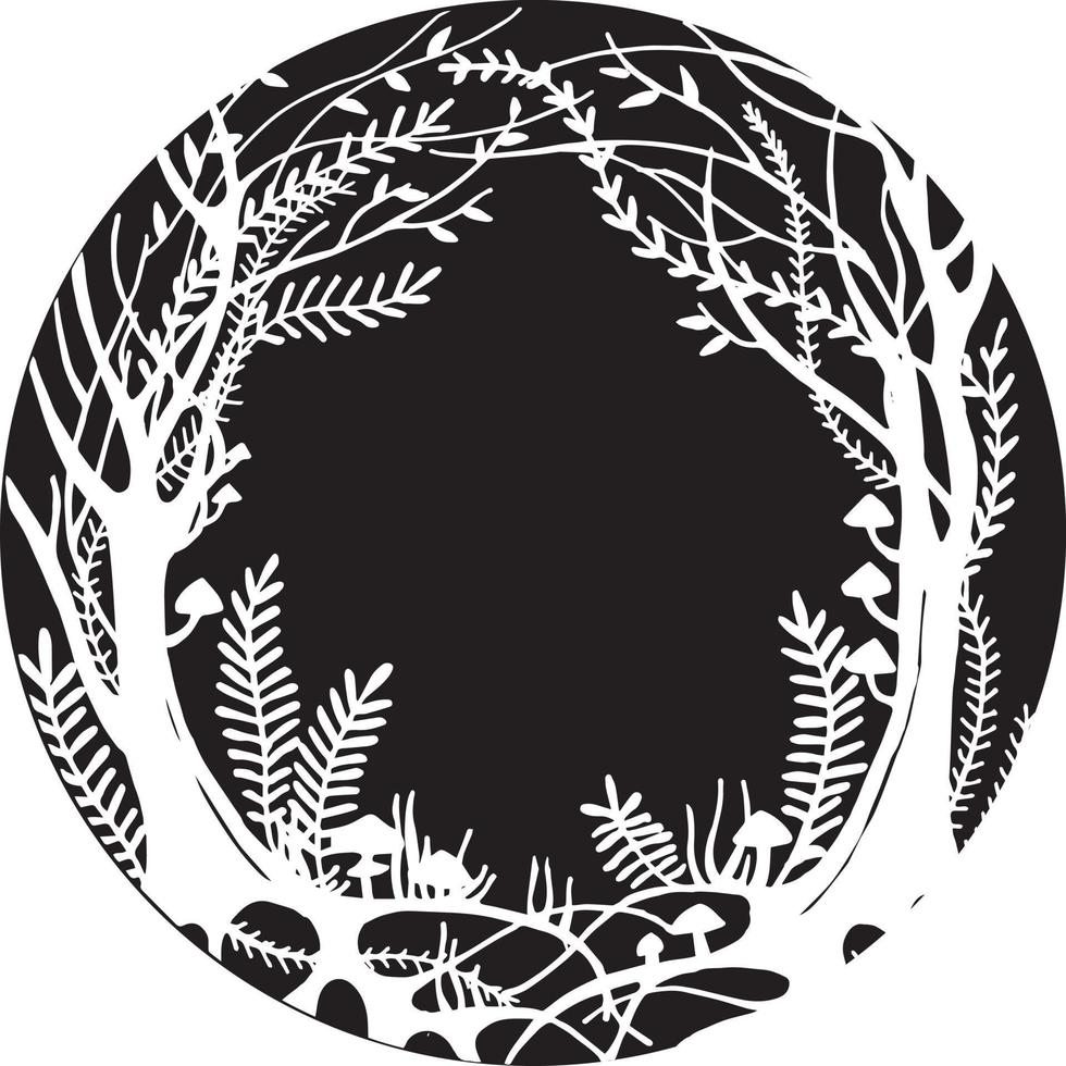 vektorillustration, mysteriöser märchenwald. Rahmen, Rand, Hintergrund für Buch, Postkarte, Cover. weiße Bäume auf dunklem Hintergrund, Bäume, Pilze und Kräuter. vektor