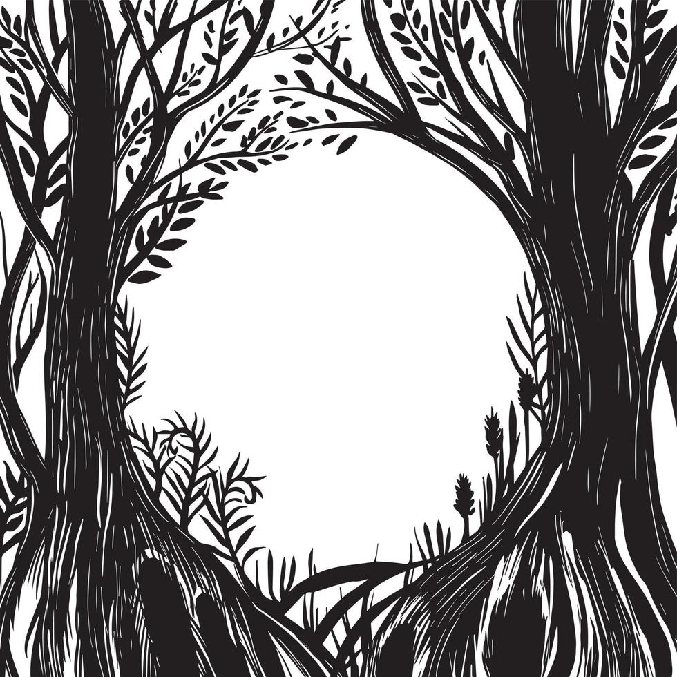 vektor ritning, svart och vit magisk skog ram. siluett av en fantastisk, magisk skog. design för halloween. ram för kort, böcker.
