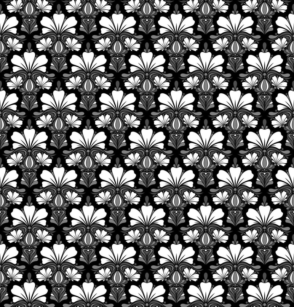 schwarz-weißer nahtloser Vektorhintergrund im Jugendstil mit einem Blumenstrauß vektor