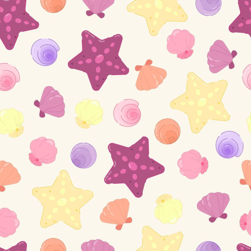 snäckskal och sjöstjärna sömlösa mönster bakgrund platt design illustration multicolor snäckskal. kan användas för tapeter eller bakgrund sommar och strandtema vektor