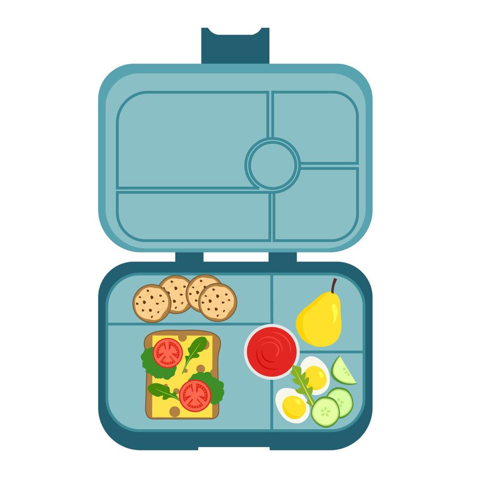 lunchbox - mahlzeitbehälter mit sandwich, birne, eiern, ketchup, keksen. schulmahlzeit, kindermittagessen. gesunde mahlzeiten storage.vector illustration im flachen stil, isoliert auf weißem hintergrund vektor