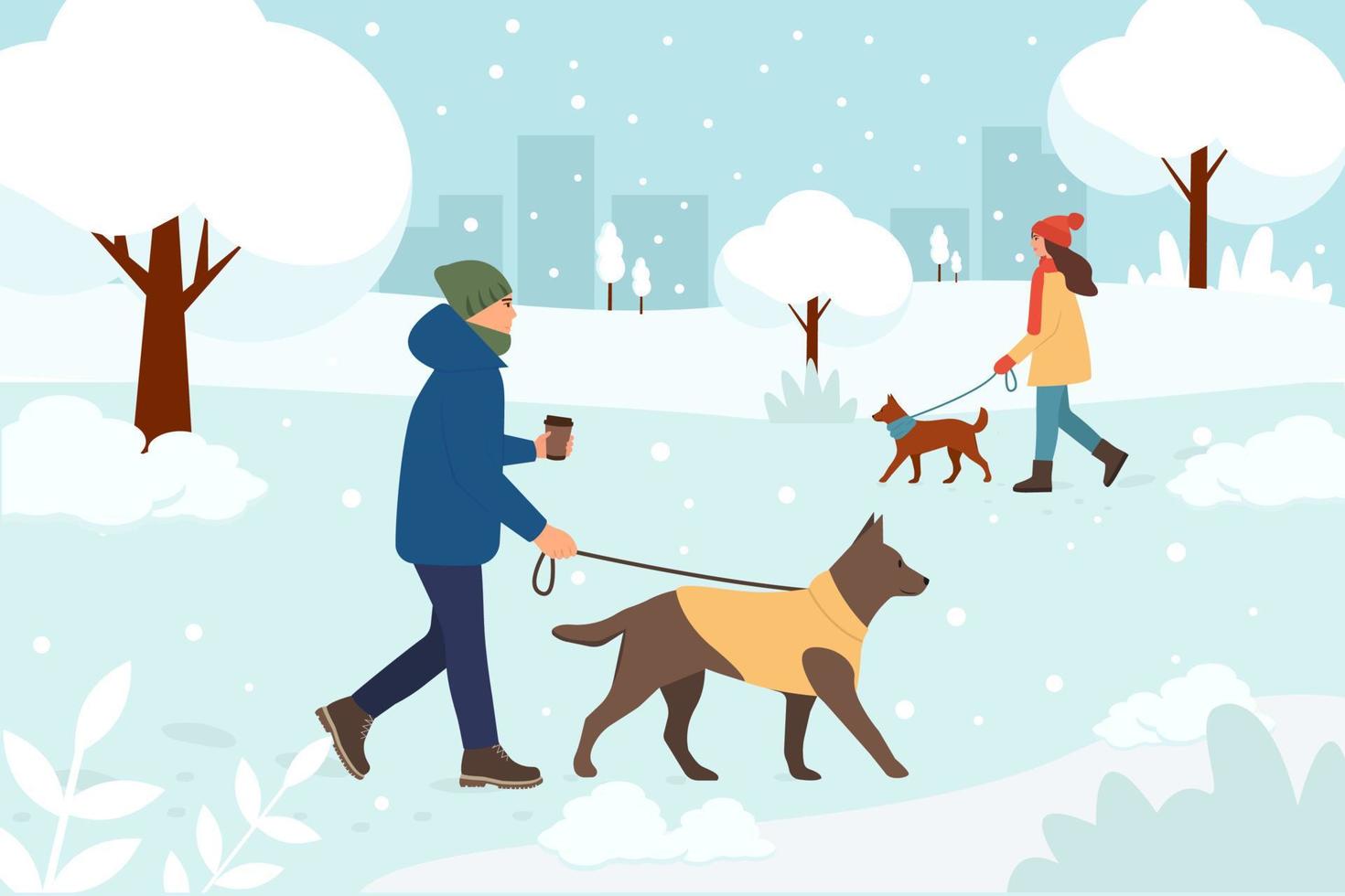 Menschen, die im Winter mit Hunden spazieren gehen. Mann führt Haustier an der Leine bei kaltem Wetter mit Schnee. Frau mit Hund. Winter. Kaffee in der Hand. flache vektorillustration. vektor