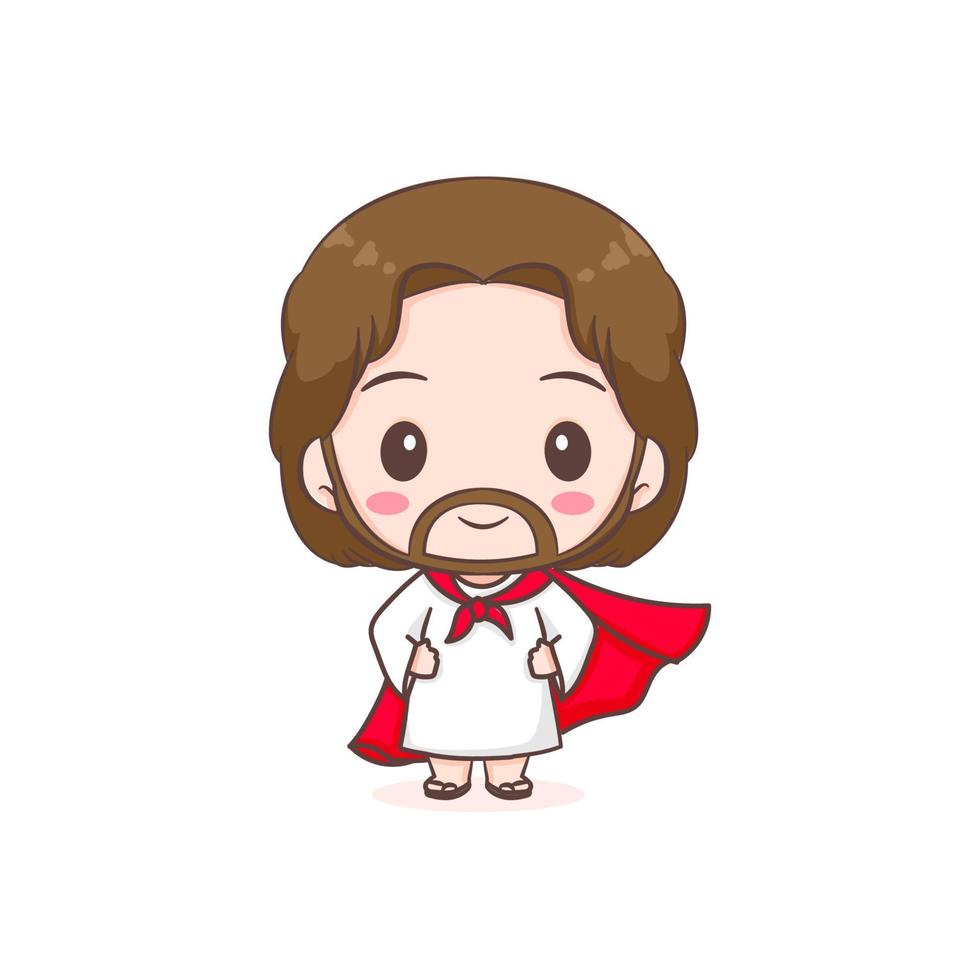 söt jesus som en hjälte med röd kappa. Chibi seriefigur isolerade vit bakgrund. vektor