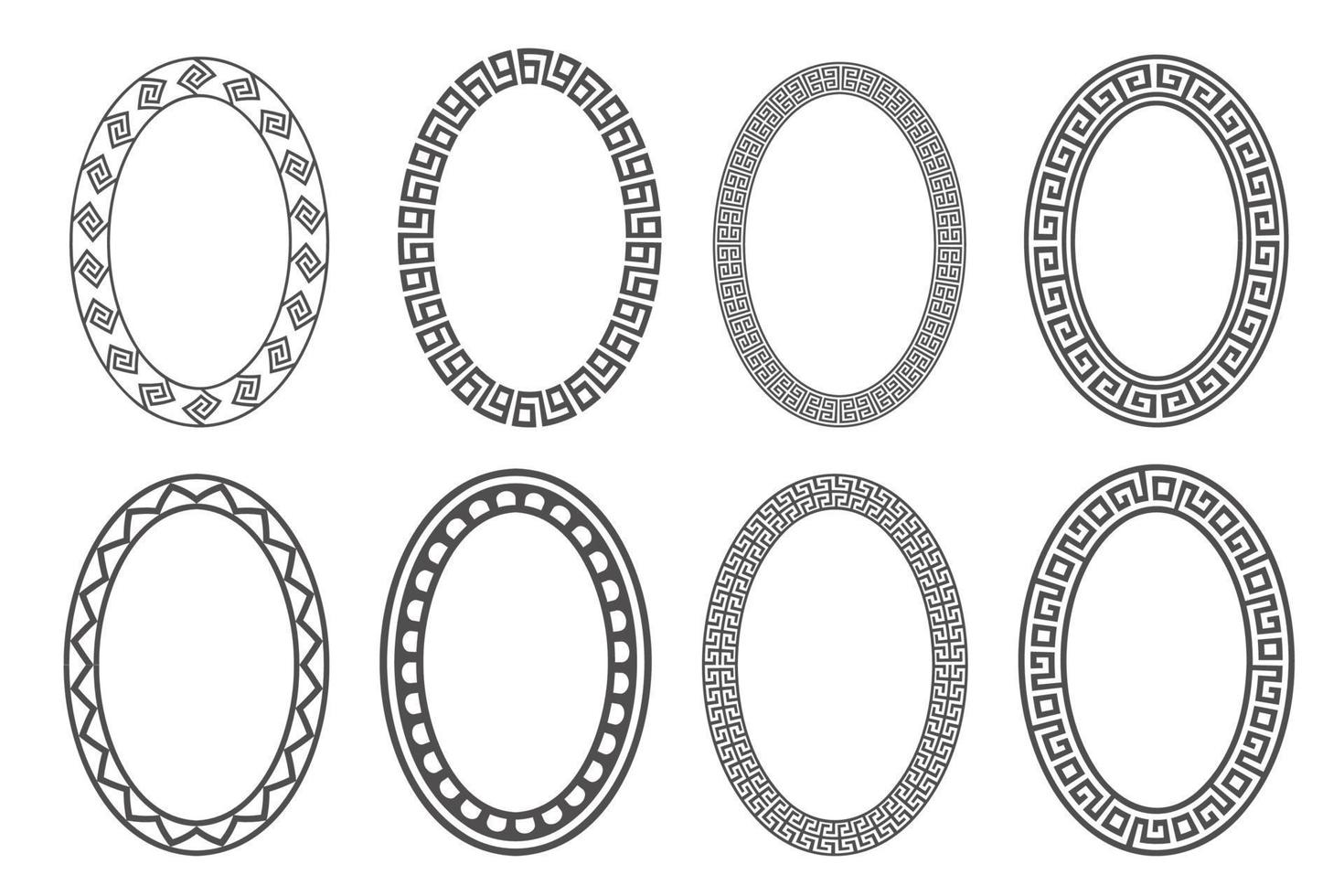 griechischer schlüssel ovaler rahmensatz. Kreisränder mit Mäanderornamenten. Ellipse alte Designs. Vektor