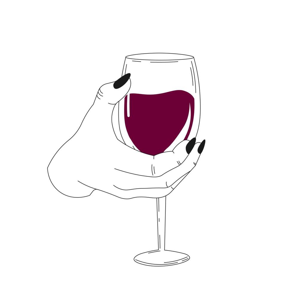 frau, die glas wein mit rotwein, stil lokalisiert auf weißem hintergrund, weinliebhaberkonzept, feiertagsfeier, alkohol trinken hält vektor