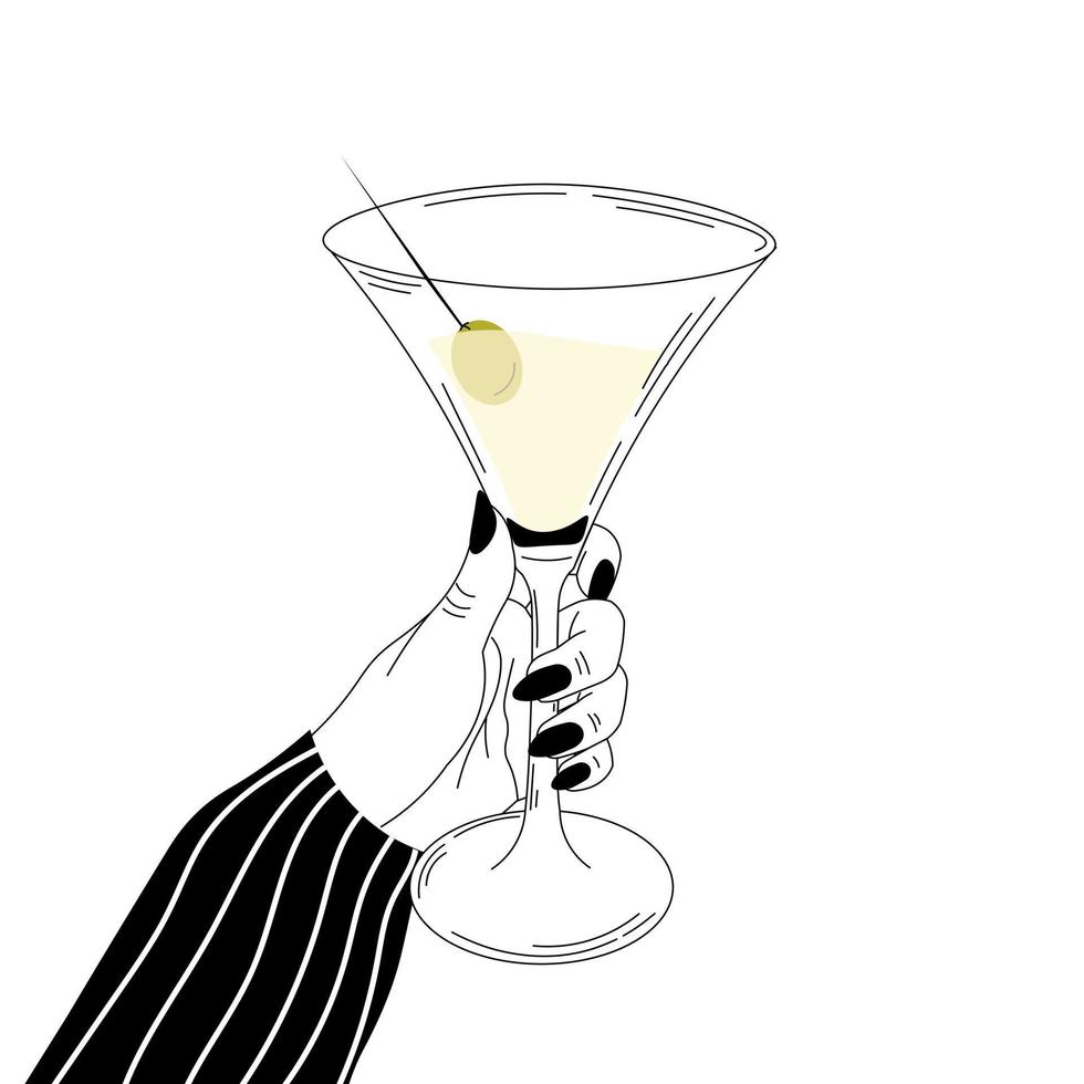 frauenhand, die glas martini, zeit zum entspannen konzept, alkoholgetränk illustration im schwarz-weiß-stil auf weißem hintergrund hält vektor