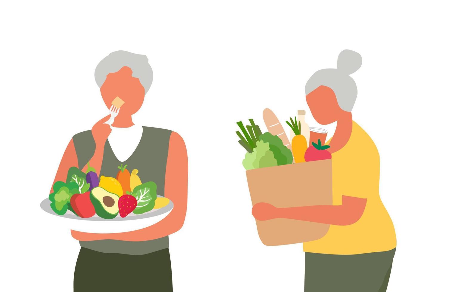 älteres paar, das gesundes essen isst und gesunde einkaufstasche hält. Konzept für gesundes Altern und Altenpflege. vektor
