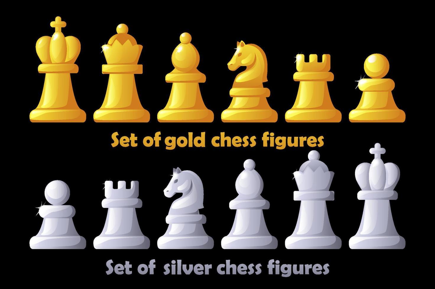 schackfigurer för brädspel för schackstrategi. vektor guld och silver uppsättning schack figurer