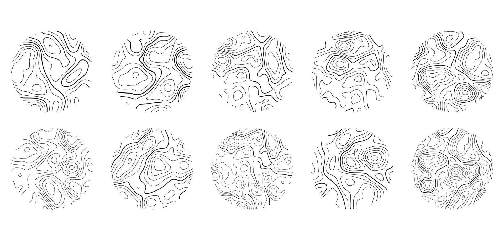 träd ringar set. trästruktur med topografilinjer. organiska vågiga mönster. vektor doodle illustration.