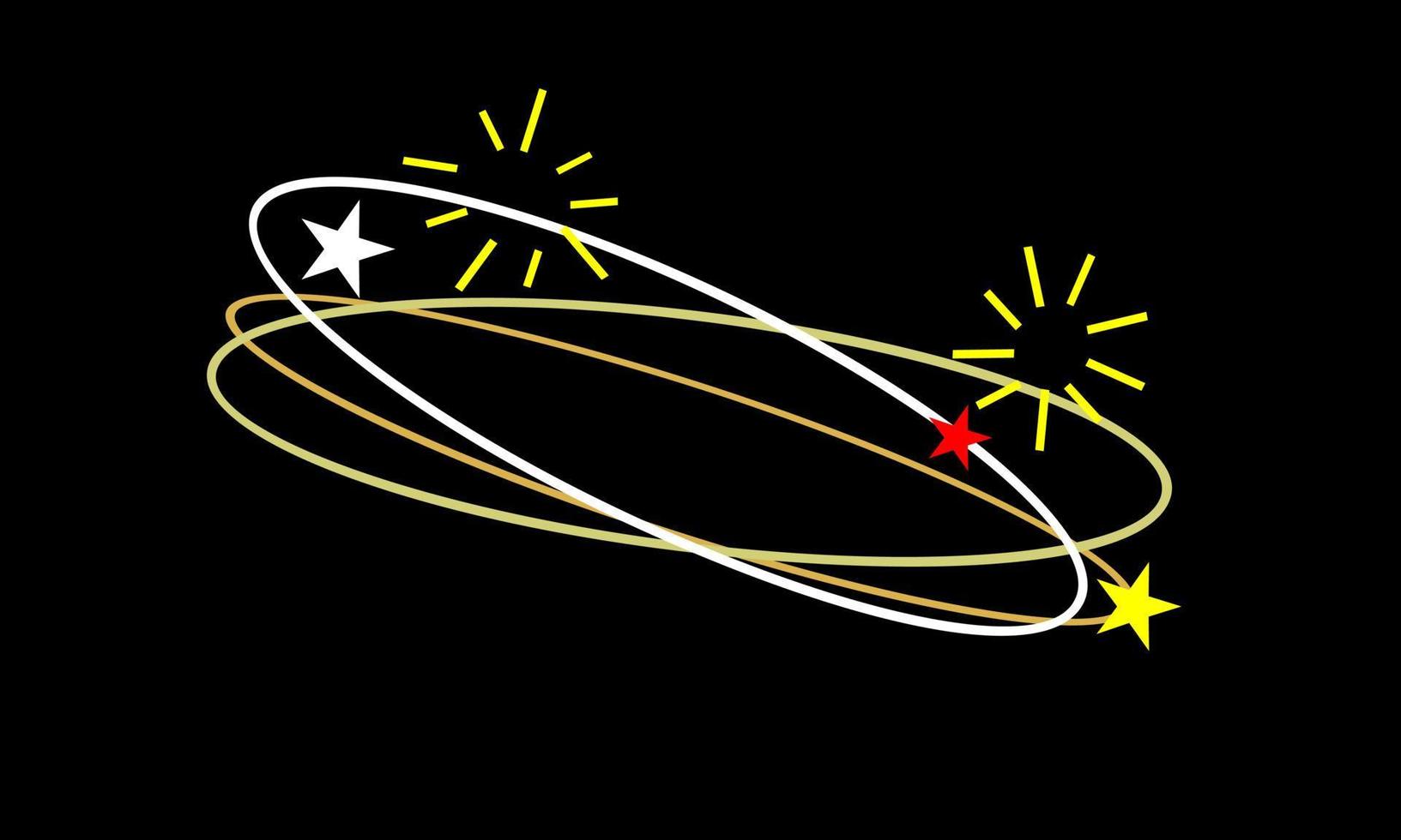 schwindliger Ausdruck. fliegende sterne mit orbitspuren weiß, rot, gelb auf schwarzem hintergrund. vektor