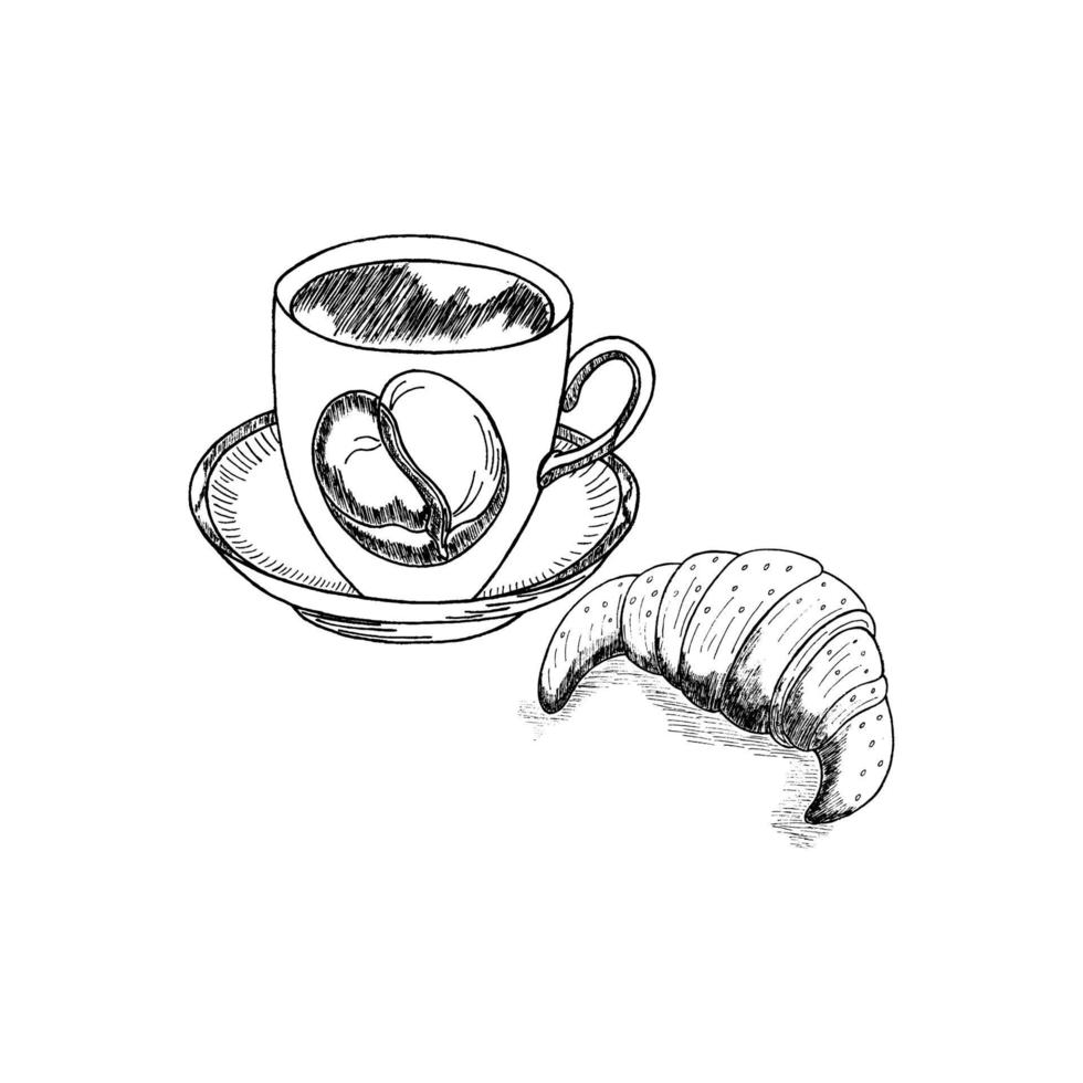 kaffeetasse, croissant handgezeichnete zeichnung knusprig gravur retro-stil vektor