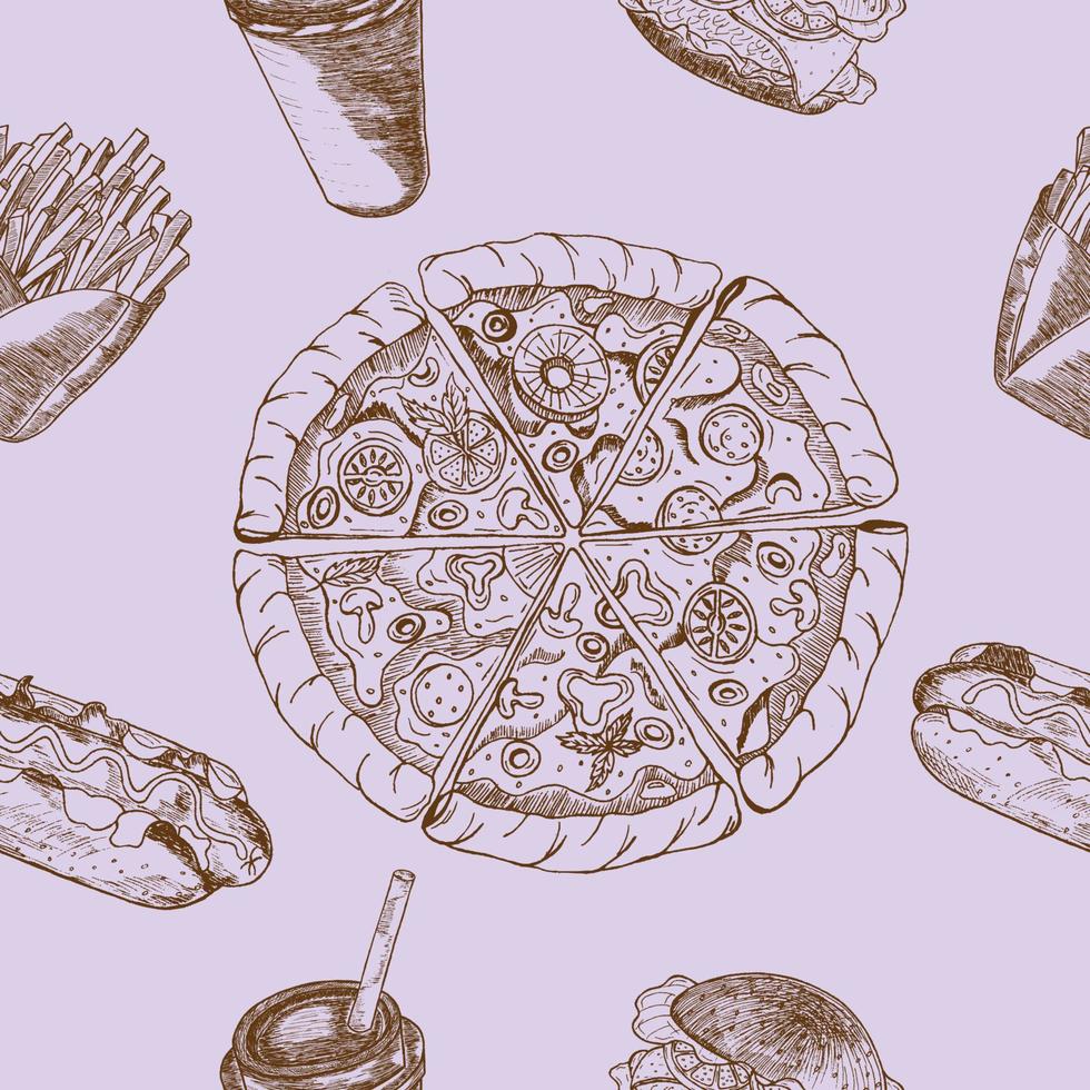 sömlös snabbmatsteckning med vektor linjära ikoner av hamburgare, pizza, varmkorv, dryck, cheeseburgare. bakgrund av restaurangmeny, tapeter, lådor, handritade.