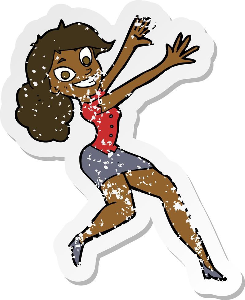 Retro-Distressed-Aufkleber einer springenden Cartoon-glücklichen Frau vektor