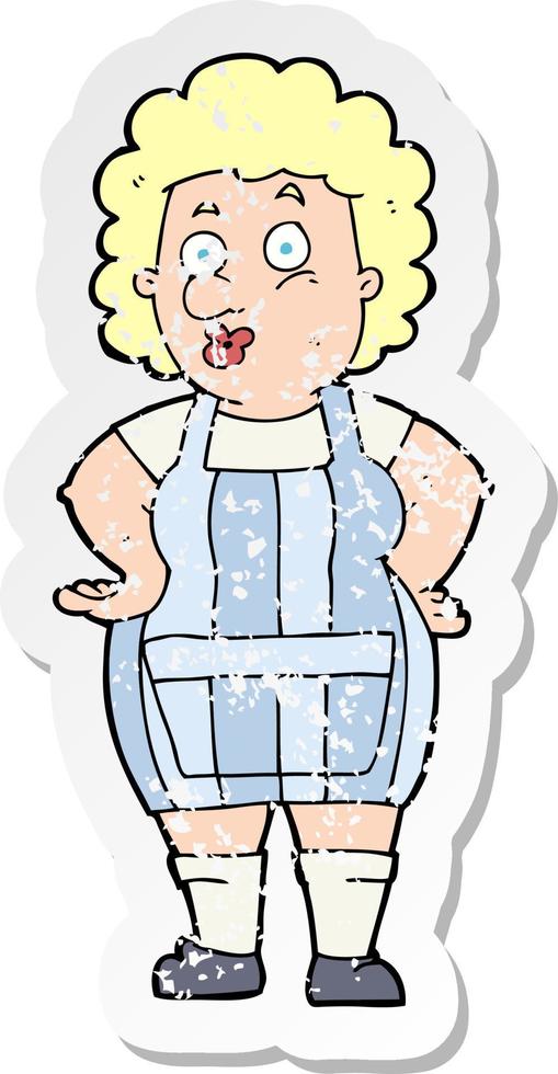 retro nödställd klistermärke av en tecknad kvinna i köksförkläde vektor