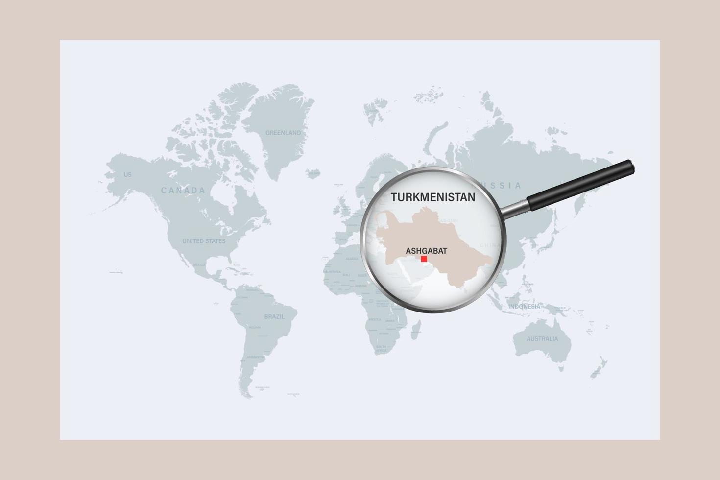 karta över turkmenistan på politisk världskarta med förstoringsglas vektor